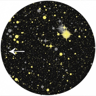 Corporate Design, Laika, Glitzermate, Getränk, Logo Weltall, schwarz, Punkte wie Sterne, gelb, weiß, mit weißem Zurückpfeil