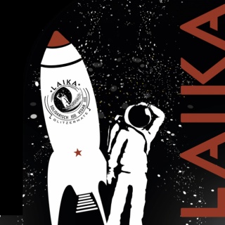 Zeichnung, Astronaut, Rakete, Weltall, rechts groß um 90Grad gestürzt Schriftzug Laika Laika Glitzermate, Corporate Design, Branding